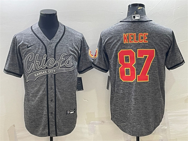 Men's Kansas City Chiefs #87 Travis Kelce Gray With Patch Cool Base Stitched Baseball Jersey